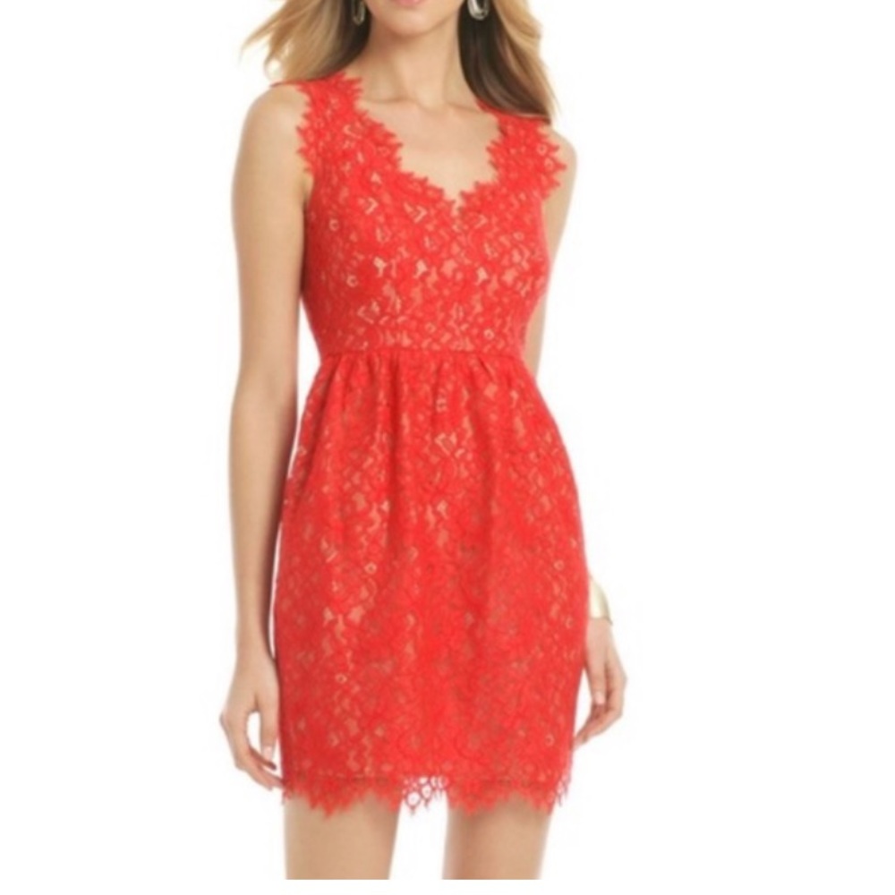 Shoshanna Red/Coral Lace V-Neck Dress